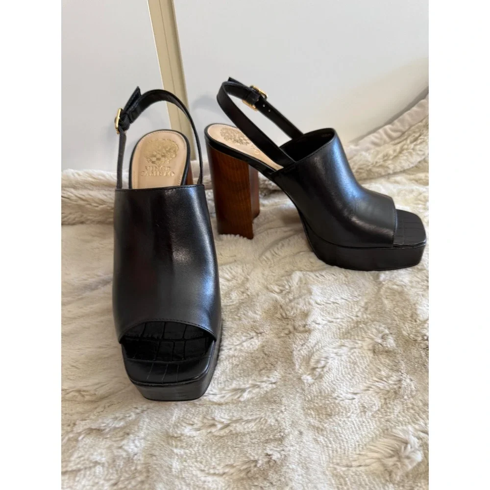 Vince Camuto Black Leather Platform Slingback Wood Block Heel Sandals Square Toe